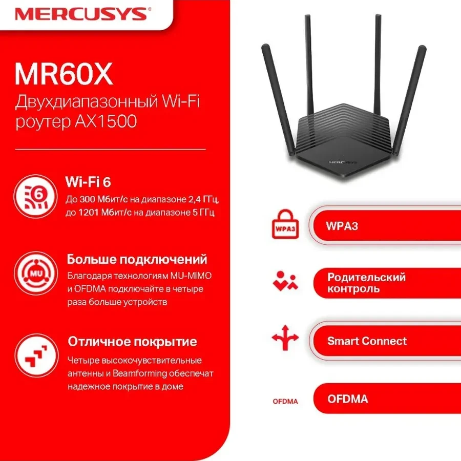 Роутер Mercusys MR60X, AX1500 Wi-Fi 6 — 5