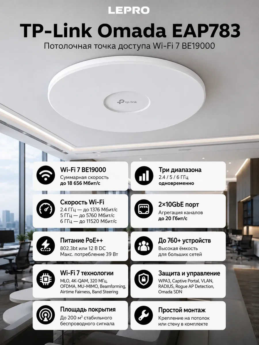 Точка доступа TP-Link BE19000, Wi-Fi 7, потолочная — 5