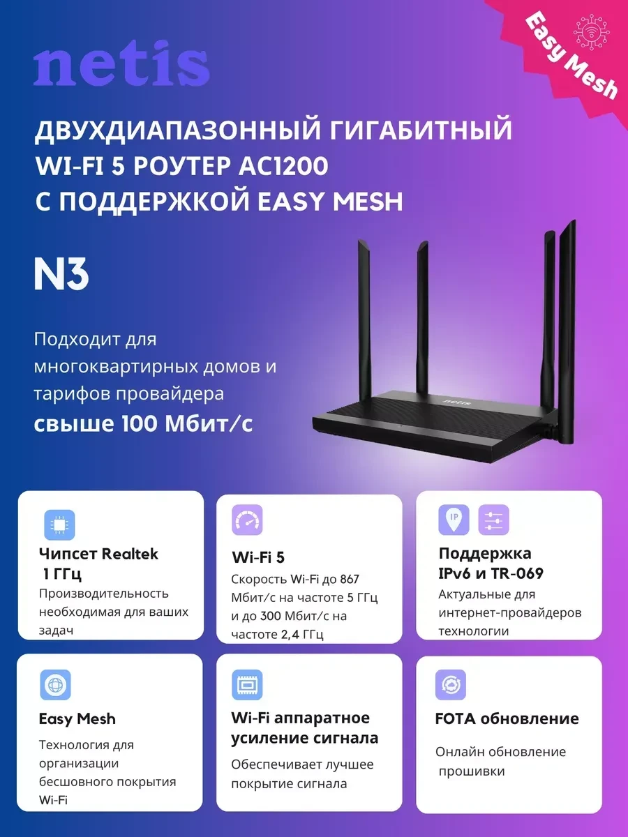 Маршрутизатор Netis N3 v2, Wi-Fi 5 AC1200, 3xG LAN
