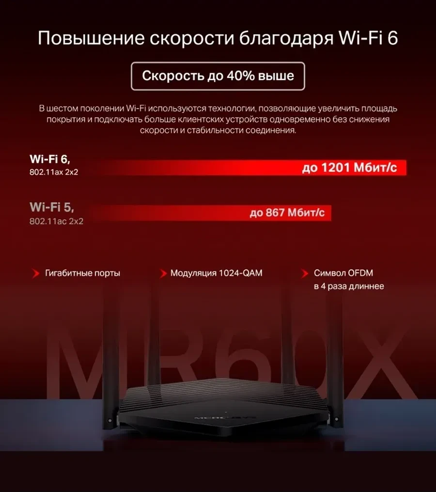 Маршрутизатор Mercusys MR60X, AX1500 GbE, Wi-Fi 6 — 4