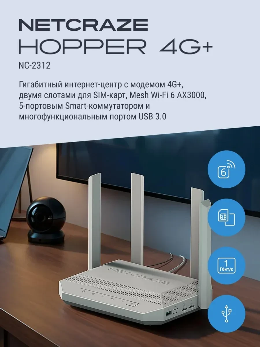 Маршрутизатор Netcraze Hero 4G+ NC-2312 AX3000, Wi-Fi 6 — 2