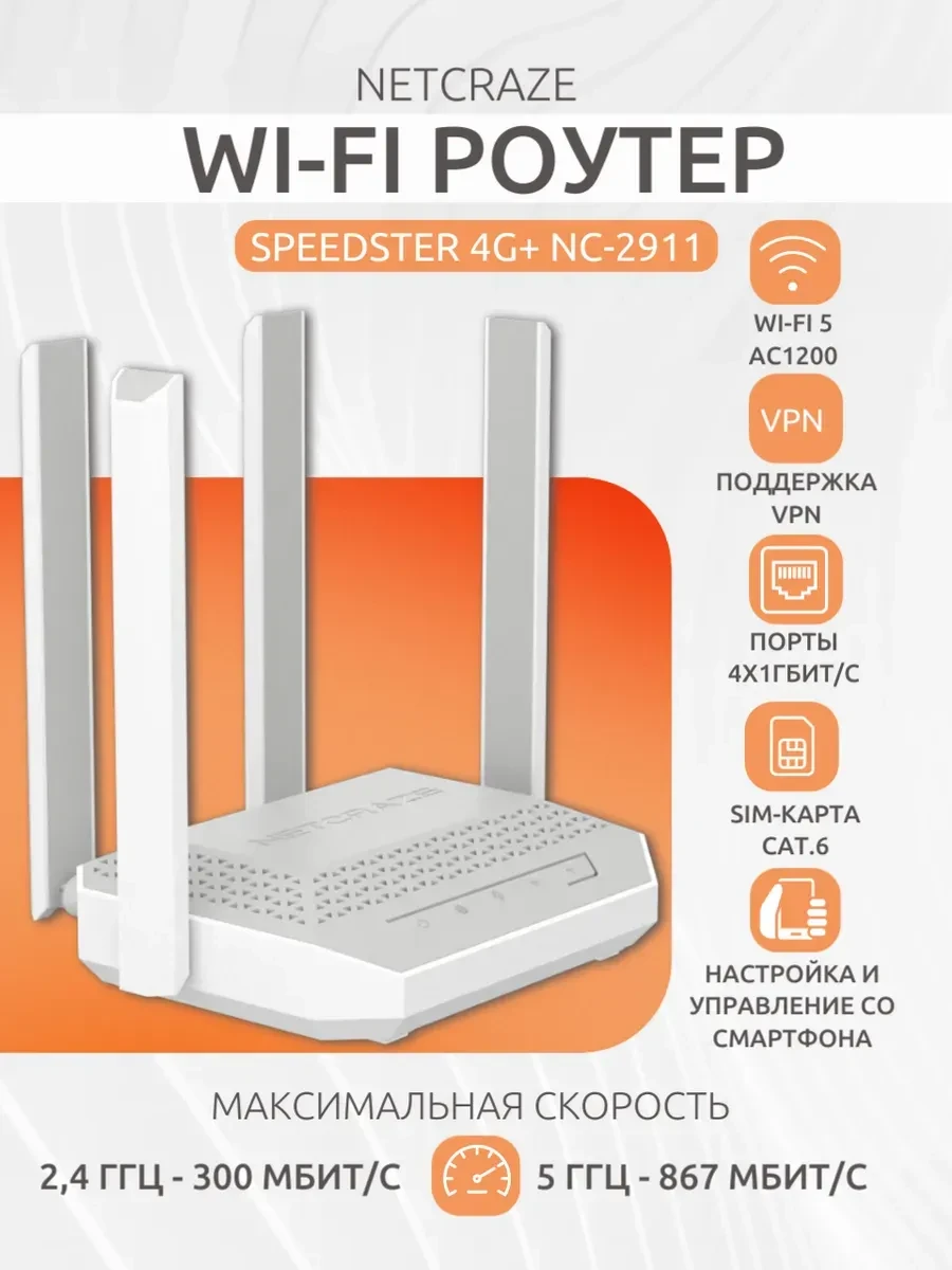Маршрутизатор Netcraze SPEEDSTER 4G+ NC-2911 AC1200, Wi-Fi 5