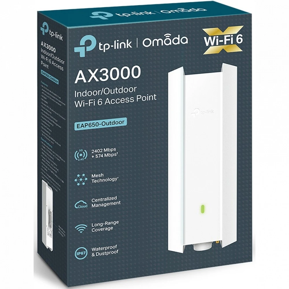 AX3000 Двухдиапазонная беспроводная наружная/внутренняя точка доступа Wi-Fi 6 
Порты: 1 × гигабитный порт
Скорость: 574Мбит/с для 2.4 ГГц + 2402 Мбит/с для 5 ГГц
Особенности: 802.3at PoE и Passive PoE, защита от атмосферных воздействий IP67, 4 × внутренни — 5