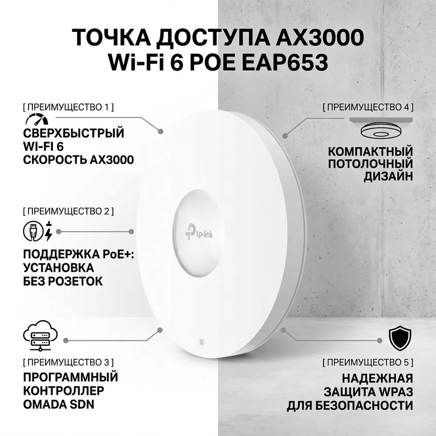 AX3000 Двухдиапазонная потолочная точка доступа Wi-Fi 6
Порты: 1 ×1Gbps RJ45 Port
Скорость: 574 Мбит/с at 2.4 ГГц + 2402 Мбит/с на 5 ГГц
Особенности: 802.3at POE, 2 ×внутренние антенны, 160MHz поддержкаed, MU-MIMO, бесшовный роуминг, Band Steering, Beamf