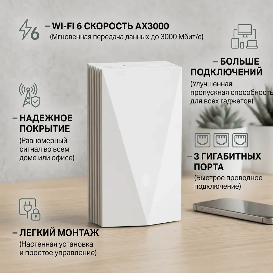 AX3000 Двухдиапазонная беспроводная настенная точка доступа Wi-Fi 6
Порты: Uplink: 1 × гигабитный порт; Downlink: 3 × гигабитных порта
Скорость:574Мбит/с для 2.4 ГГц + 2402 Мбит/с для 5 ГГц
Особенности: совместимость с распределительной коробкой стандар