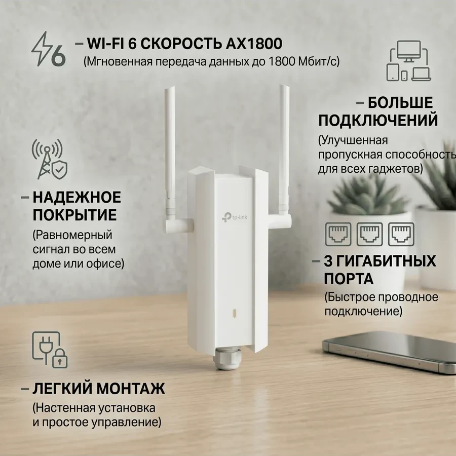 AX1800 Двухдиапазонная беспроводная наружная/внутренняя точка доступа Wi-Fi 6
Порты: 1 × гигабитный порт
Скорость: 574Мбит/с для 2.4 ГГц + 1201 Мбит/с для 5 ГГц
Особенности: 802.3at PoE и Passive PoE 48 В / 0.5 A, защита от атмосферных воздействий IP67,
