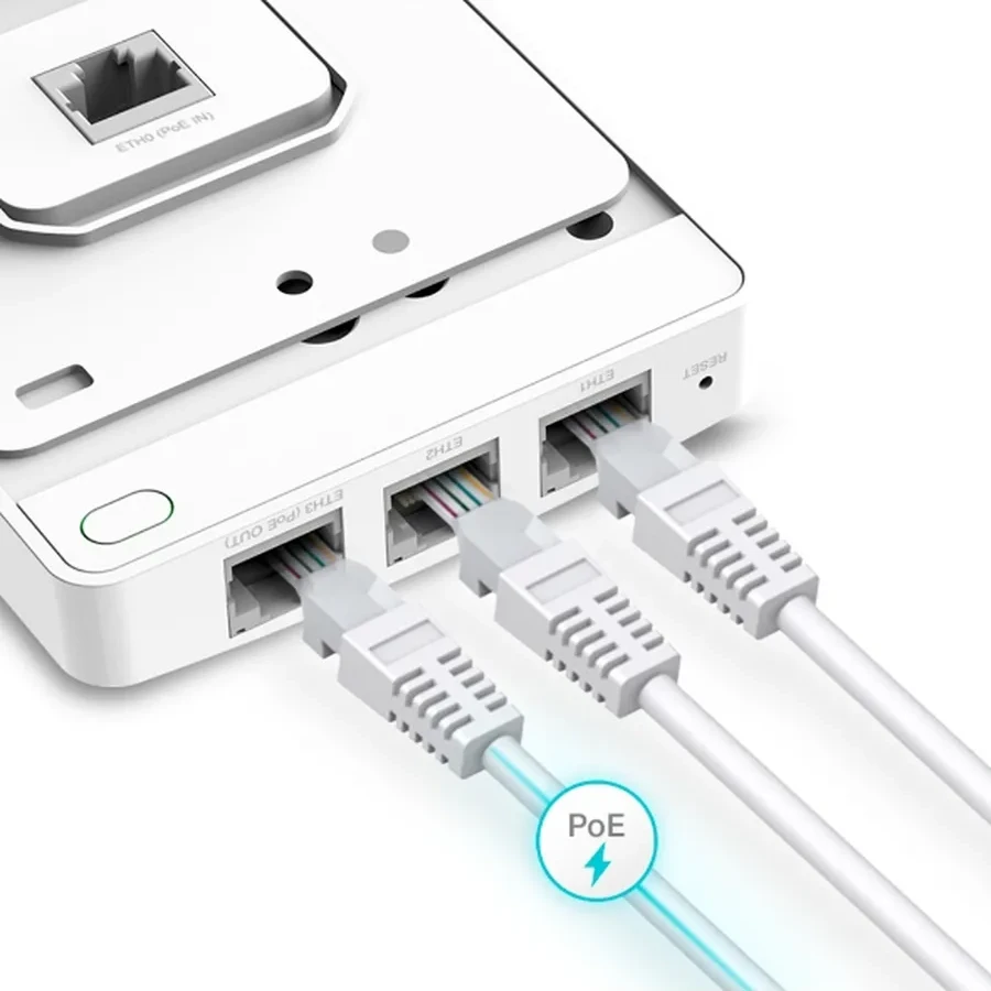 AX1800 Гигабитная настенная двухдиапазонная точка доступа Wi-Fi 6
Порты: Uplink: 1 × гигабитный порт RJ45; Downlink: 3 × гигабитных порта RJ45
Скорость: 574Мбит/с на 2.4 ГГц + 1201 Мбит/с на 5 ГГц
Особенности: совместимость с монтажными коробками EU & US, — 4