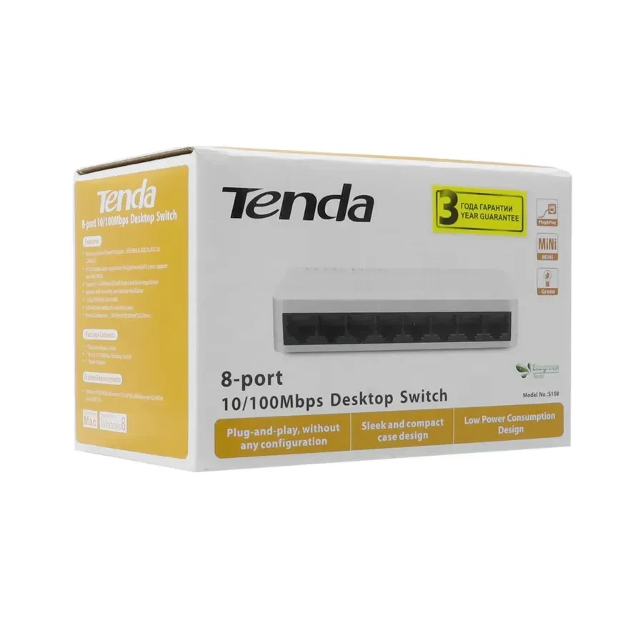 Коммутатор Tenda S108, 8 портов 10/100 Mbps, блок PS — 2