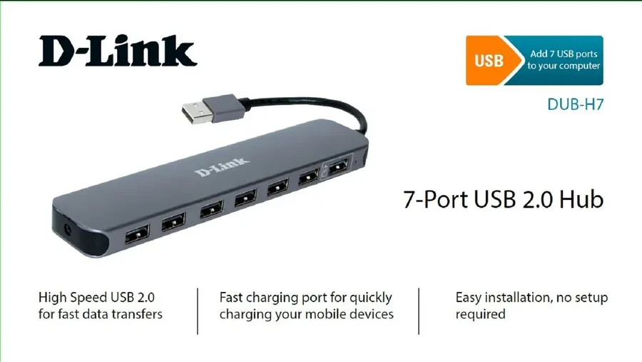 Концентратор USB D-Link DUB-H7/E1A, 7 портов USB 2.0 — 2