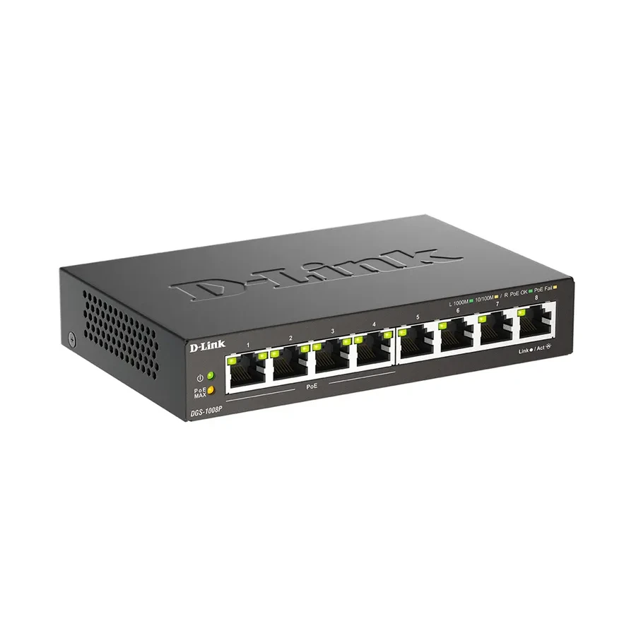 Коммутатор D-Link DGS-1008P/F3A неуправляемый, 8xGigabit, PoE 80W