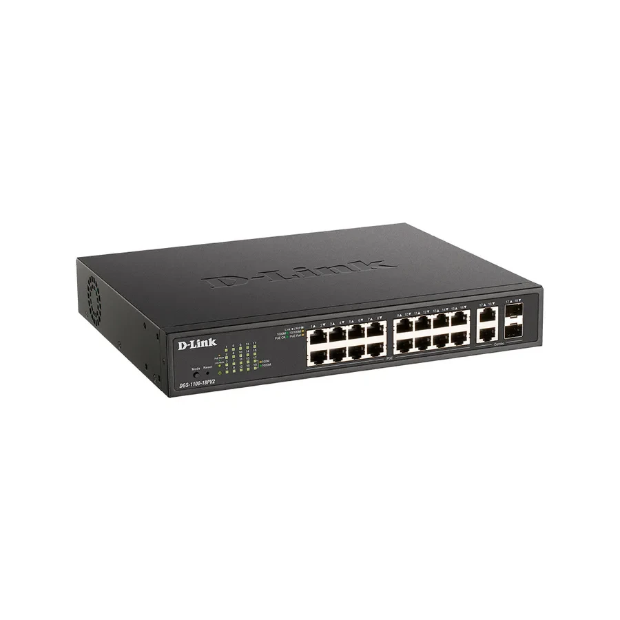 Коммутатор D-Link DGS-1100-18PV2 L2, 16xGigabit, 2xCombo, PoE 130W