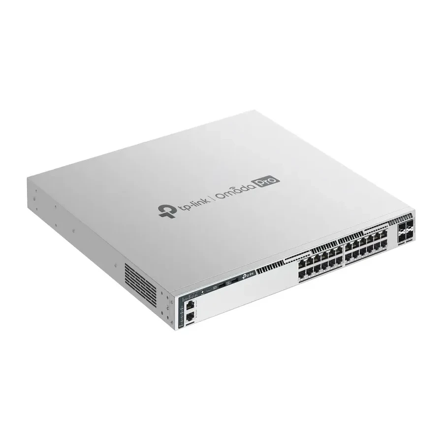 Omada Pro 24-портовый гигабитный управляемый стекируемый коммутатор L3 c 4 слотами 10G SFP+
Порты: 24 × гигабитных порта RJ45 PoE+, 4 × слота 10G SFP+, консольный порт RJ45/USB Type-C, Management-порт, 2 × порта USB 2.0
Спецификация: 802.3at/af, максималь — 2
