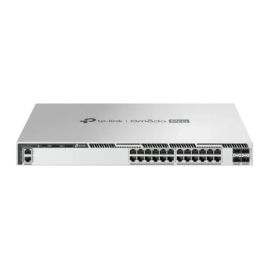 Omada Pro 24-портовый гигабитный управляемый стекируемый коммутатор L3 c 4 слотами 10G SFP+
Порты: 24 × гигабитных порта RJ45 PoE+, 4 × слота 10G SFP+, консольный порт RJ45/USB Type-C, Management-порт, 2 × порта USB 2.0
Спецификация: 802.3at/af, максималь — 5