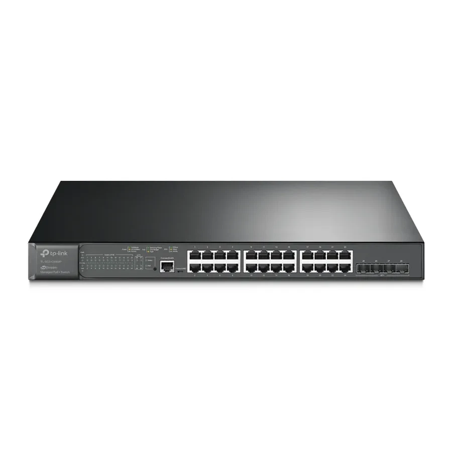 Omada 24-портовый гигабитный управляемый PoE+ коммутатор L2+ с 4 слотами 10G SFP+ 
Порты: 24 × гигабитных порта PoE+, 4 × слота 10G SFP+, 1 × консольный порт RJ45/Micro-USB
Спецификация: 802.3at/af, бюджет PoE 384 Вт, металлический корпус, монтаж в стойку — 3