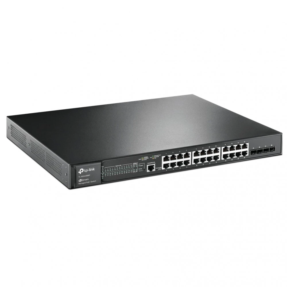 Omada 28-портовый гигабитный управляемый PoE+ коммутатор L2+ с 4 слотами SFP
Порты: 24 × гигабитных порта PoE+, 4 × гигабитных SFP слота, 1 × консольный порт RJ45/Micro-USB
Спецификация: 802.3at/af, бюджет PoE 384 Вт, металлический корпус, монтаж в стойку — 5