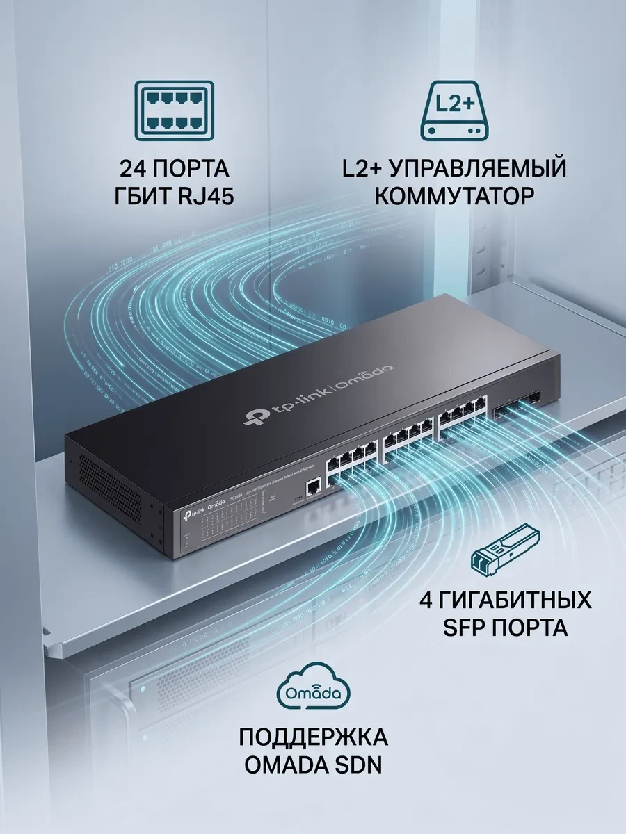 Omada 24-портовый гигабитный управляемый коммутатор L2+ с 4 слотами SFP
Порты: 24 × гигабитных порта RJ45, 4 × гигабитных SFP слота, 1 × консольный порт RJ45/Micro-USB
Спецификация: металлический корпус, монтаж в стойку 19"
Особенности: интеграция с контр