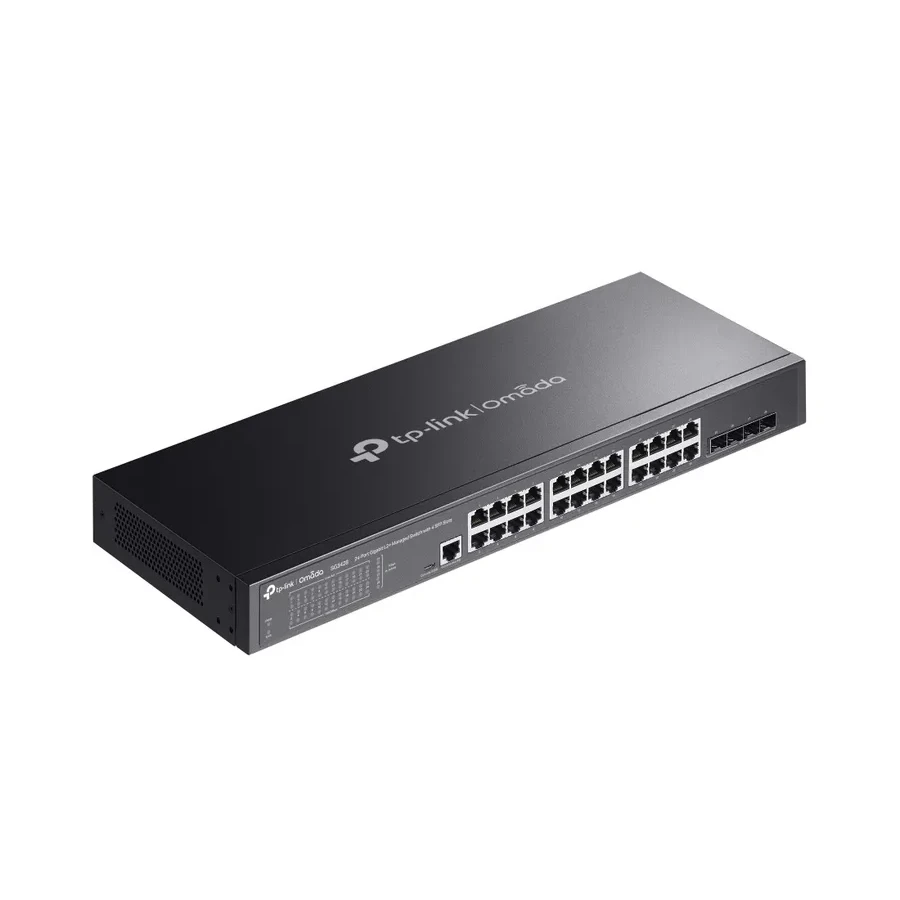 Omada 24-портовый гигабитный управляемый коммутатор L2+ с 4 слотами SFP
Порты: 24 × гигабитных порта RJ45, 4 × гигабитных SFP слота, 1 × консольный порт RJ45/Micro-USB
Спецификация: металлический корпус, монтаж в стойку 19"
Особенности: интеграция с контр — 2