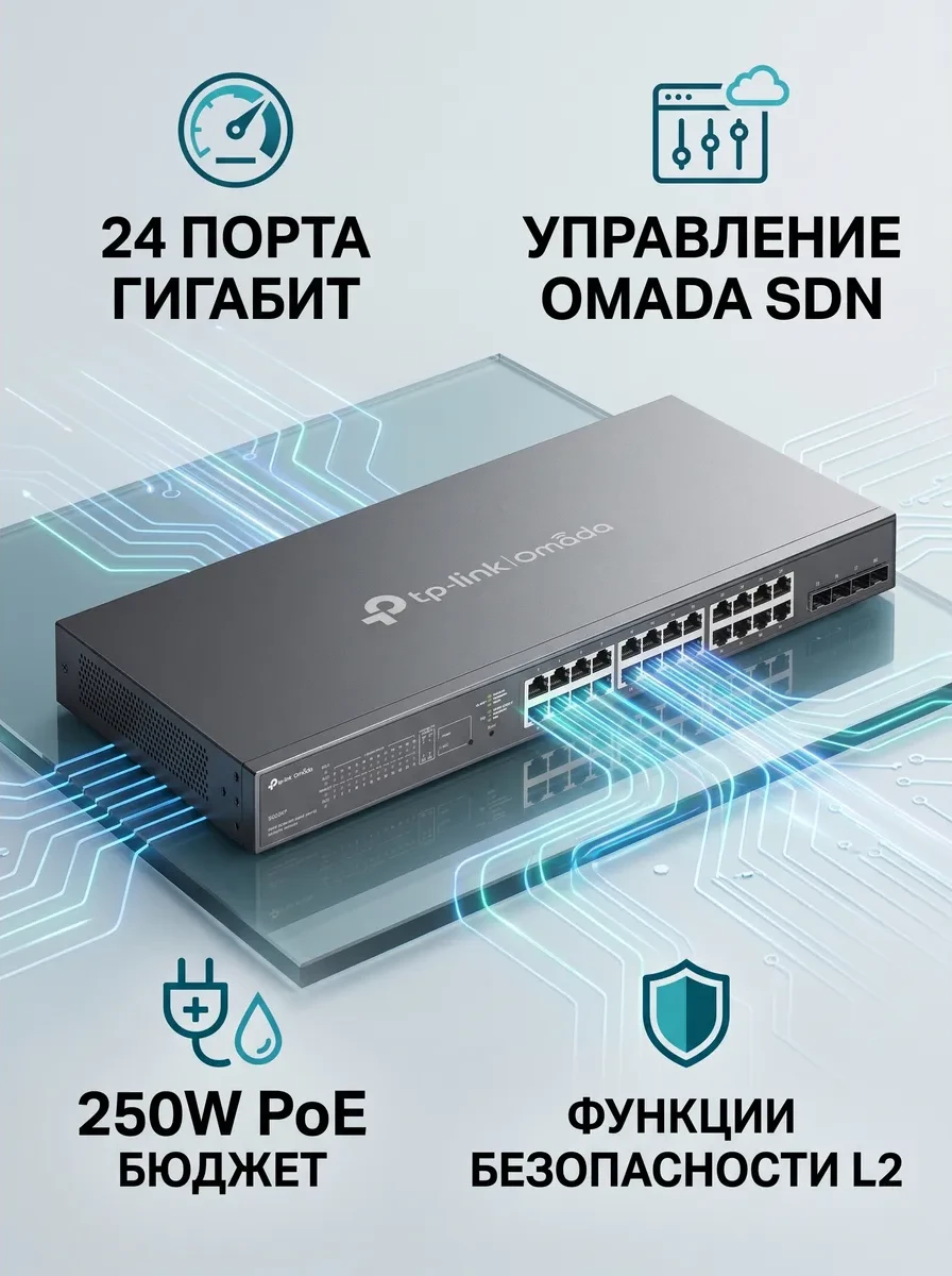 Omada 28-портовый гигабитный PoE+ коммутатор Smart с 4 слотами SFP
Порты: 24 × гигабитных порта PoE+, 4 × гигабитных SFP слота
Спецификация: 802.3at/af, бюджет PoE 250 Вт, металлический корпус, монтаж в стойку 19"
Особенности: интеграция с контроллером Om