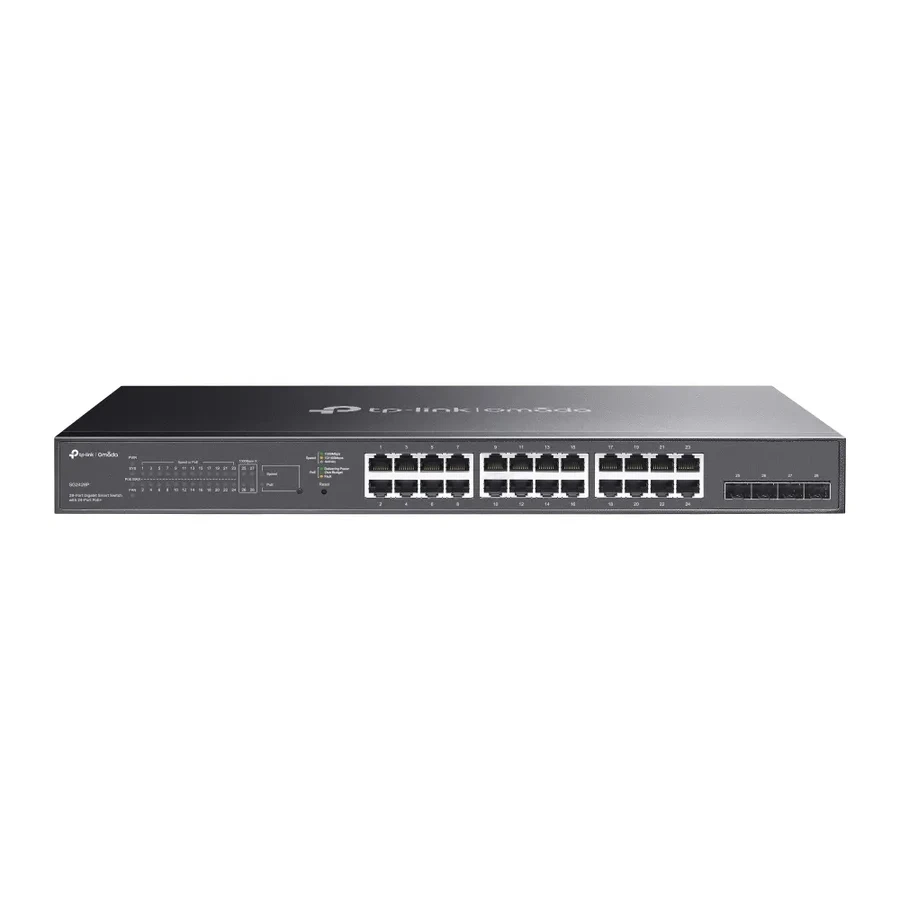 Omada 28-портовый гигабитный PoE+ коммутатор Smart с 4 слотами SFP
Порты: 24 × гигабитных порта PoE+, 4 × гигабитных SFP слота
Спецификация: 802.3at/af, бюджет PoE 250 Вт, металлический корпус, монтаж в стойку 19"
Особенности: интеграция с контроллером Om — 2