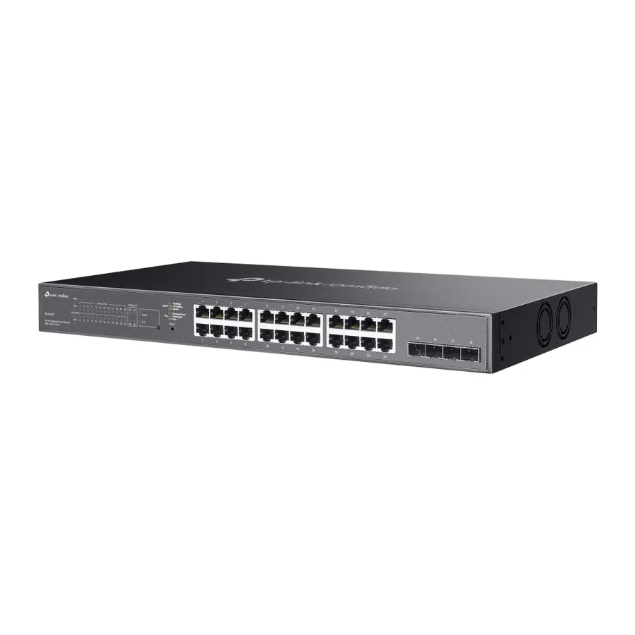 Omada 28-портовый гигабитный PoE+ коммутатор Smart с 4 слотами SFP
Порты: 24 × гигабитных порта PoE+, 4 × гигабитных SFP слота
Спецификация: 802.3at/af, бюджет PoE 250 Вт, металлический корпус, монтаж в стойку 19"
Особенности: интеграция с контроллером Om — 4
