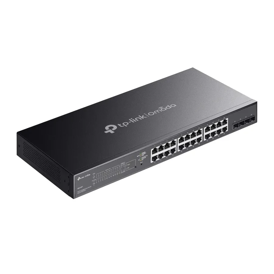 Omada 28-портовый гигабитный PoE+ коммутатор Smart с 4 слотами SFP
Порты: 24 × гигабитных порта PoE+, 4 × гигабитных SFP слота
Спецификация: 802.3at/af, бюджет PoE 250 Вт, металлический корпус, монтаж в стойку 19"
Особенности: интеграция с контроллером Om — 5
