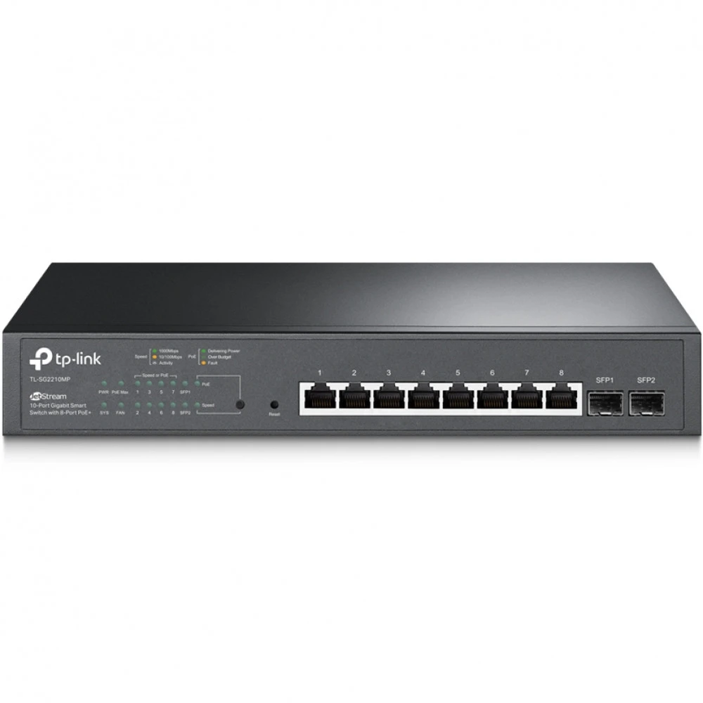 Omada 10-портовый гигабитный коммутатор Smart с 2 слотами SFP
Порты: 8 × гигабитных портов RJ45 PoE+, 2 × гигабитных SFP слота
Спецификация: 802.3at/af, бюджет PoE 150 Вт, металлический корпус, монтаж в стойку 13"
Особенности: интеграция с контроллером Om — 2
