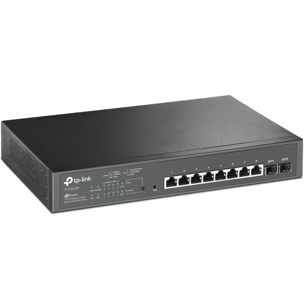 Omada 10-портовый гигабитный коммутатор Smart с 2 слотами SFP
Порты: 8 × гигабитных портов RJ45 PoE+, 2 × гигабитных SFP слота
Спецификация: 802.3at/af, бюджет PoE 150 Вт, металлический корпус, монтаж в стойку 13"
Особенности: интеграция с контроллером Om — 3