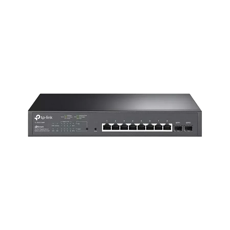 Omada 10-портовый гигабитный коммутатор Smart с 2 слотами SFP
Порты: 8 × гигабитных портов RJ45 PoE+, 2 × гигабитных SFP слота
Спецификация: 802.3at/af, бюджет PoE 150 Вт, металлический корпус, монтаж в стойку 13"
Особенности: интеграция с контроллером Om — 5