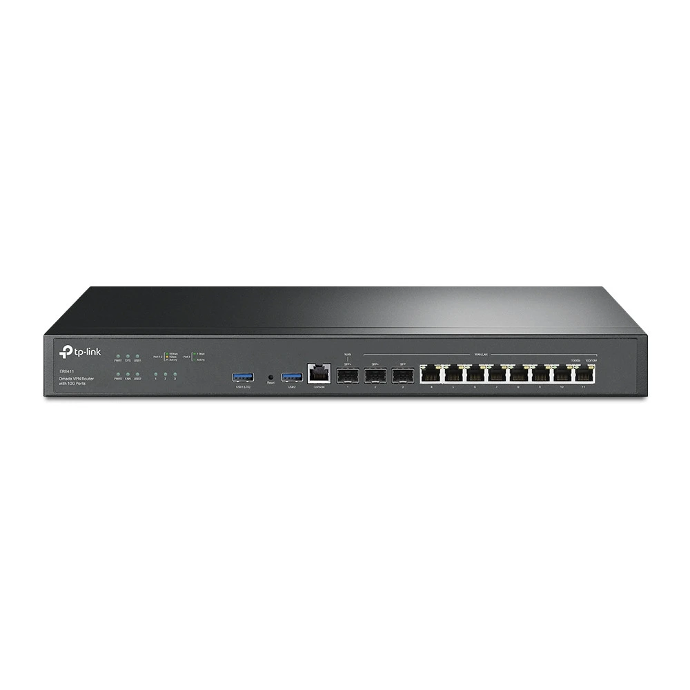 Omada VPN Router with 10G Ports
Порты: 1 × 10G SFP+ WAN Port, 1 × 10G SFP+ WAN/LAN Port,1 × Gigabit SFP WAN/LAN Port, 8× Gigabit RJ45 WAN/LAN Ports, 2 × USB3.0 port
Особенности: интеграция с контроллером Omada SDN, поддержка SSL VPN, OpenVPN и IPsec/ PPTP — 2