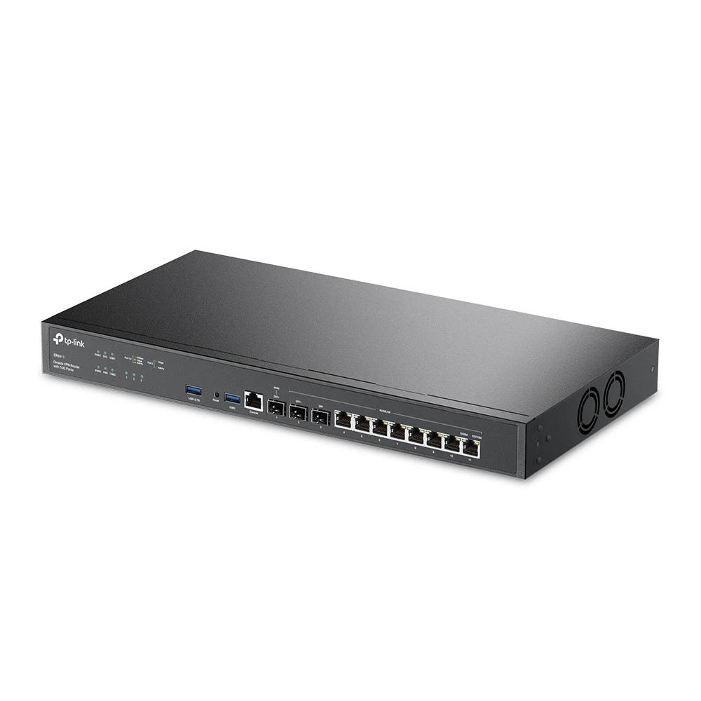 Omada VPN Router with 10G Ports
Порты: 1 × 10G SFP+ WAN Port, 1 × 10G SFP+ WAN/LAN Port,1 × Gigabit SFP WAN/LAN Port, 8× Gigabit RJ45 WAN/LAN Ports, 2 × USB3.0 port
Особенности: интеграция с контроллером Omada SDN, поддержка SSL VPN, OpenVPN и IPsec/ PPTP — 3