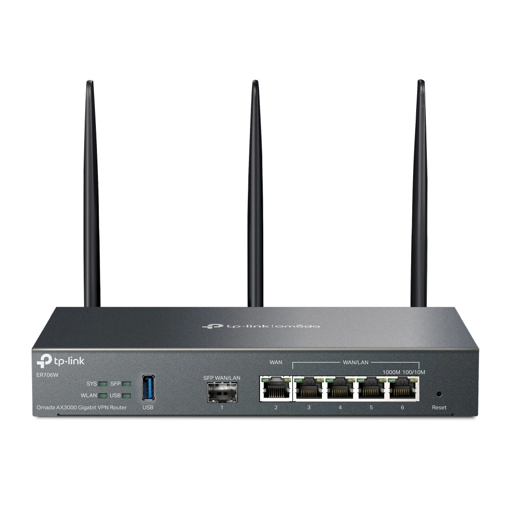 Omada AX3000 Гигабитный VPN-маршрутизатор
Порты: 1 × гигабитный WAN/LAN-порт SFP, 1 × гигабитный WAN-порт, 4 × гигабитных WAN/LAN-порта RJ45, 1 × порт USB 3.0
Скорость: 574Мбит/с для 2.4 ГГц + 2402 Мбит/с для 5 ГГц (HE160)
Особенности: интеграция с контро — 2
