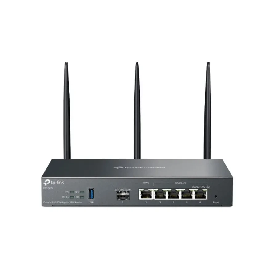 Omada AX3000 Гигабитный VPN-маршрутизатор
Порты: 1 × гигабитный WAN/LAN-порт SFP, 1 × гигабитный WAN-порт, 4 × гигабитных WAN/LAN-порта RJ45, 1 × порт USB 3.0
Скорость: 574Мбит/с для 2.4 ГГц + 2402 Мбит/с для 5 ГГц (HE160)
Особенности: интеграция с контро — 4