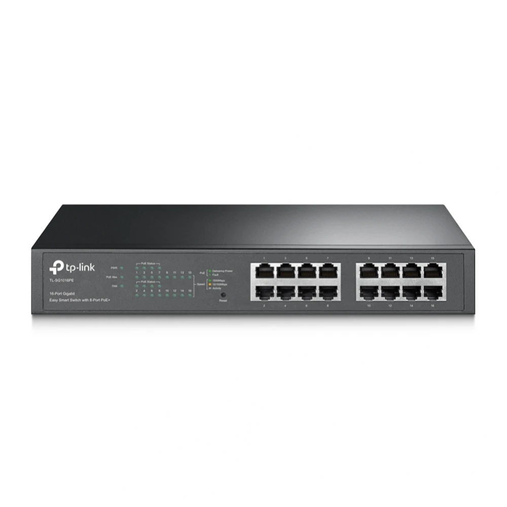 Easy Smart гигабитный 16-портовый коммутатор PoE+, настольный/монтируемый в стойку, 16 гигабитных портов, из них 8 портов PoE+, поддержка стандарта 802.3af/at, общий бюджет PoE: 110Вт, QoS, VLAN на основе MTU/порта/тэга , IGMP Snooping V1/V2/V3, агрегиров — 4