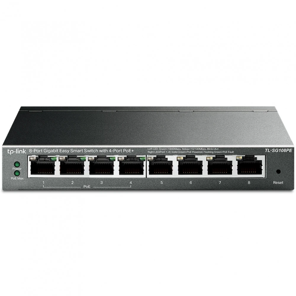 8-портовый гигабитный Easy Smart PoE-коммутатор, 8 гигабитных портов RJ45, 4 порта с поддержкой PoE, поддержка 802.3af, бюджет PoE до 55 Вт, VLAN на базе MTU/порта/тэга, QoS (приоритезация данных), IGMP Snooping, стальной корпус