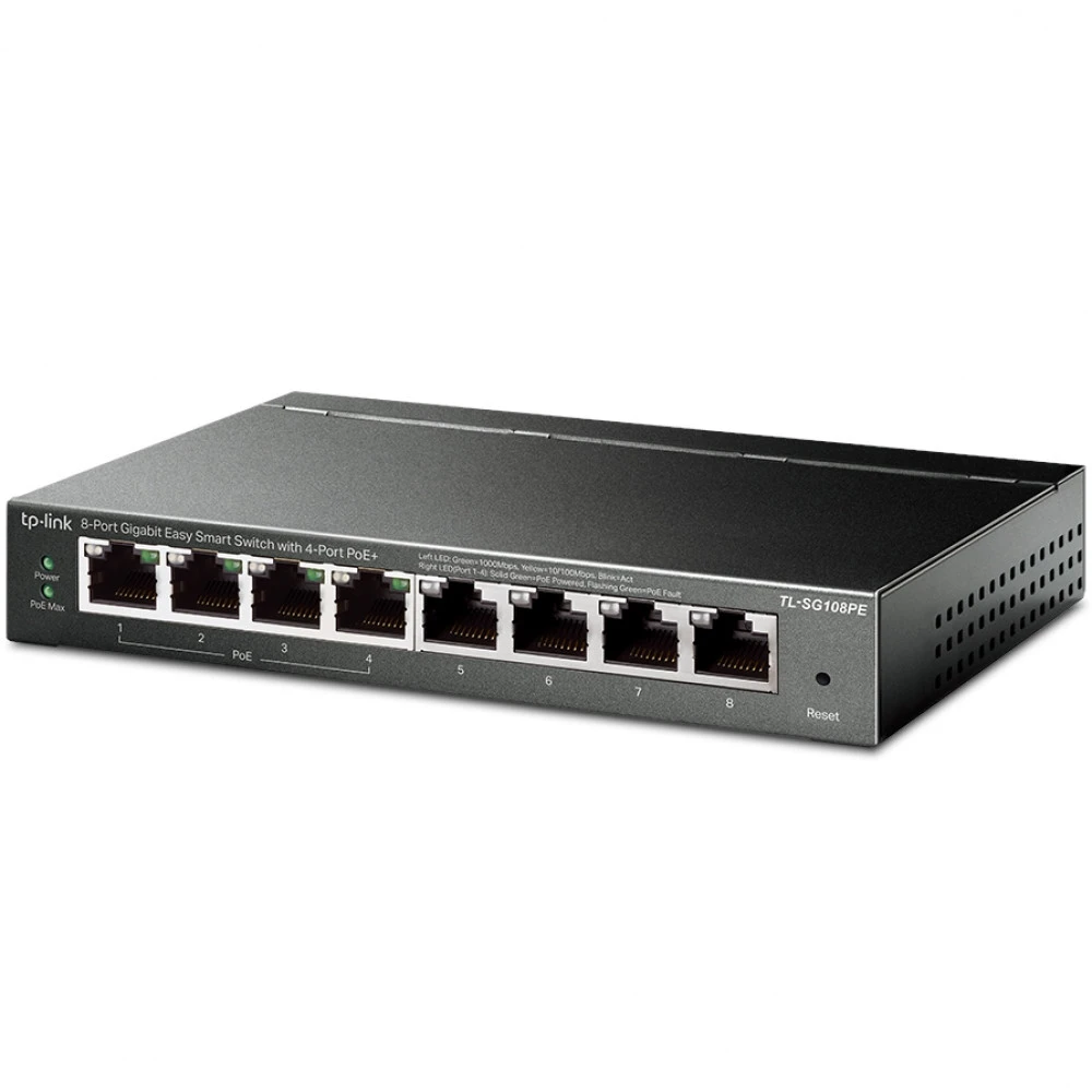 8-портовый гигабитный Easy Smart PoE-коммутатор, 8 гигабитных портов RJ45, 4 порта с поддержкой PoE, поддержка 802.3af, бюджет PoE до 55 Вт, VLAN на базе MTU/порта/тэга, QoS (приоритезация данных), IGMP Snooping, стальной корпус — 2