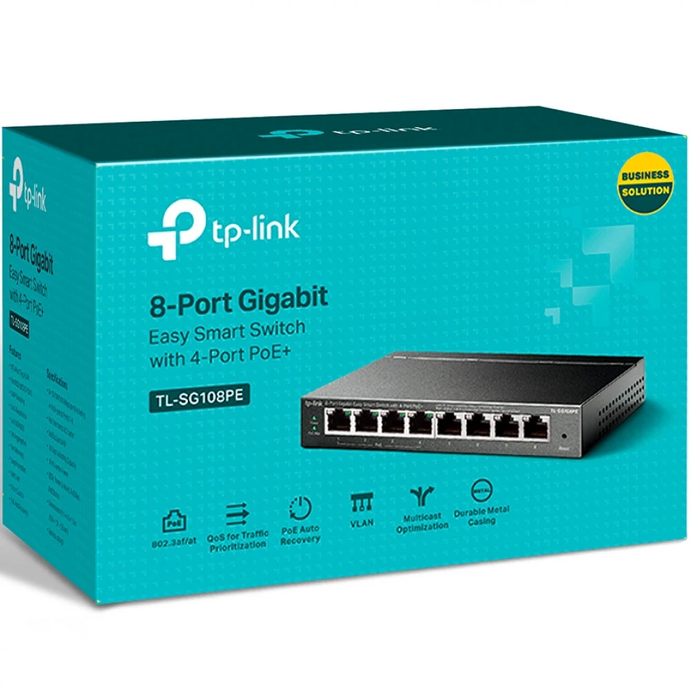 8-портовый гигабитный Easy Smart PoE-коммутатор, 8 гигабитных портов RJ45, 4 порта с поддержкой PoE, поддержка 802.3af, бюджет PoE до 55 Вт, VLAN на базе MTU/порта/тэга, QoS (приоритезация данных), IGMP Snooping, стальной корпус — 4