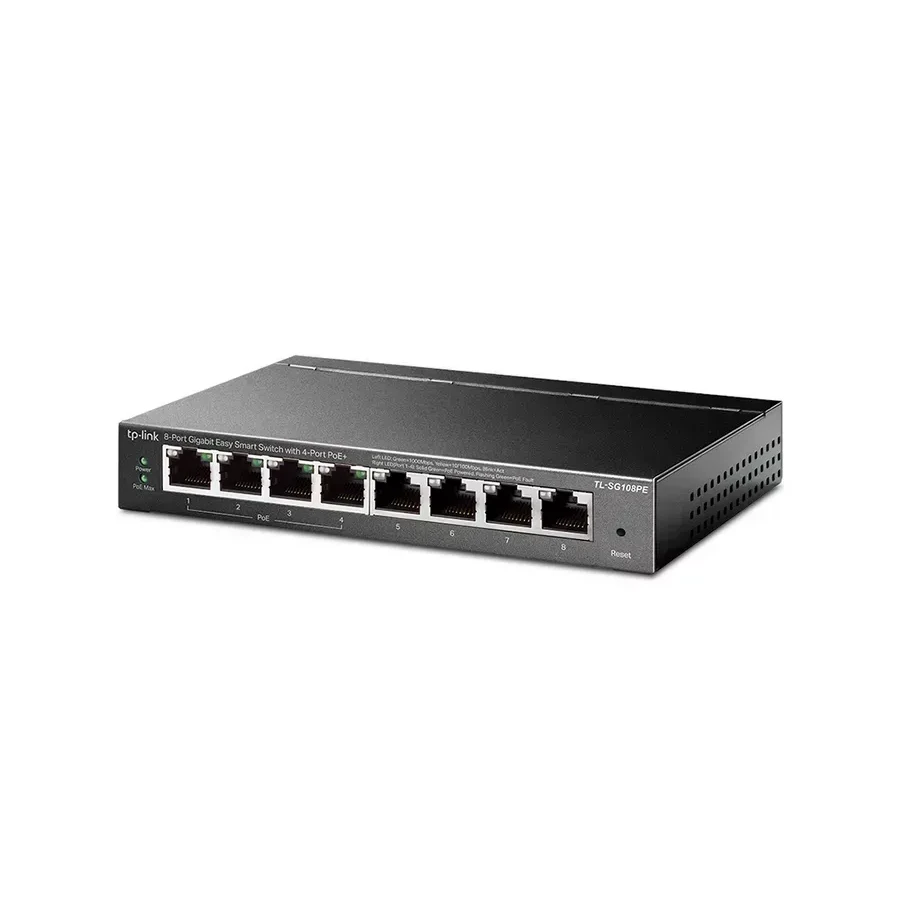 8-портовый гигабитный Easy Smart PoE-коммутатор, 8 гигабитных портов RJ45, 4 порта с поддержкой PoE, поддержка 802.3af, бюджет PoE до 55 Вт, VLAN на базе MTU/порта/тэга, QoS (приоритезация данных), IGMP Snooping, стальной корпус — 5