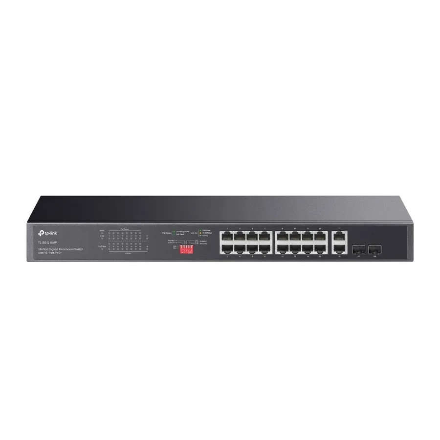 18-портовый гигабитный неуправляемый коммутатор с 16 портами PoE+, 18 портов RJ45 10/100/1000 Мбит/с + 2 комбо-SFP слота, поддержка 802.3af/at, PoE-бюджет 250Вт, поддержка 802.1p/DHCP QoS, монтируемый в стойку 19"