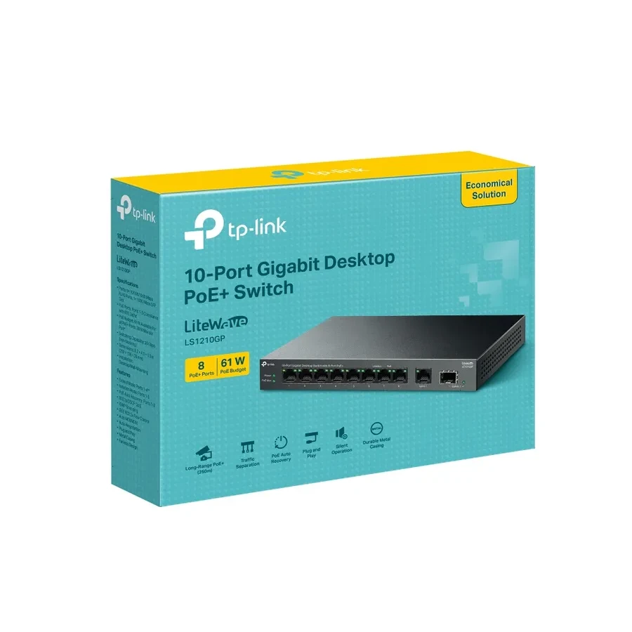 10-портовый настольный гигабитный коммутатор с 8 портами PoE+
Порты: 8 × гигабитных портов RJ45 PoE+, 1 × гигабитный порт без PoE, 1 × гигабитный SFP-слот
Спецификация: 802.3at/af, бюджет PoE 61 Вт, настольный металлический корпус
Особенности: расширенный