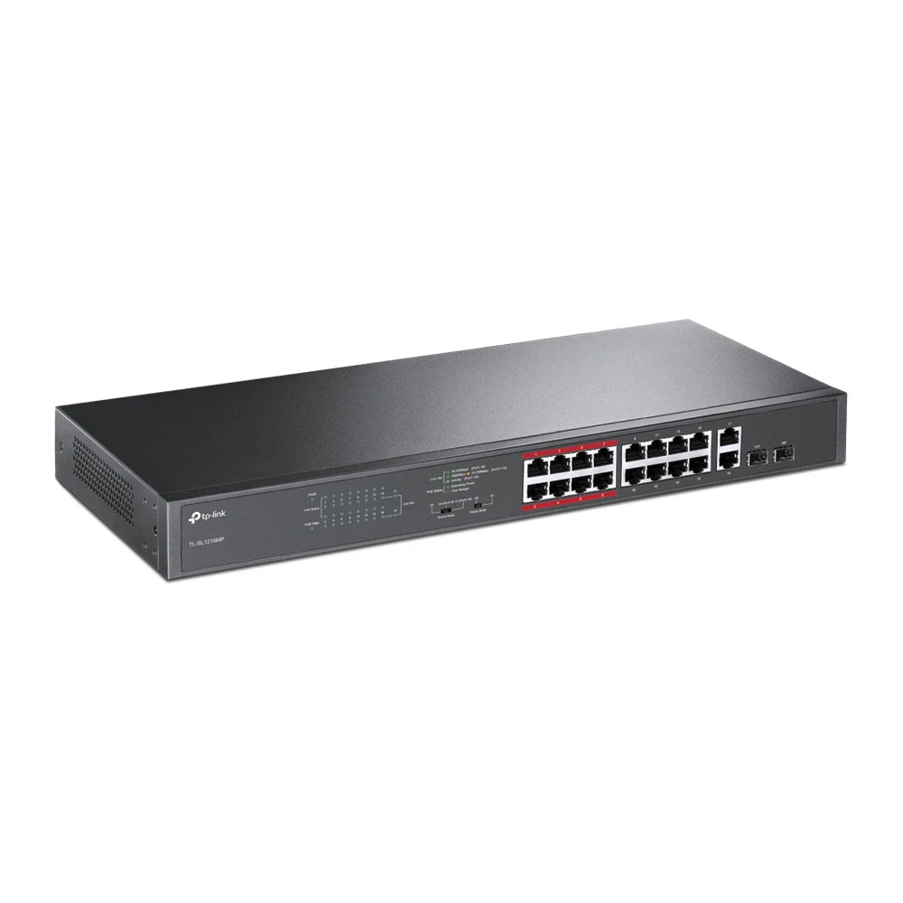 16-портовый 10/100Мбит PoE+ коммутатор, 16 портов RJ45 10/100 Мбит/с + 2 гигабитных комбинированных SFP-слота, поддержка 802.3at/af, до 192 Ватт питание по PoE, 19- дюймовый монтируемый в стойку стальной корпус, режим Extend Mode для передачи PoE до 250 м — 3