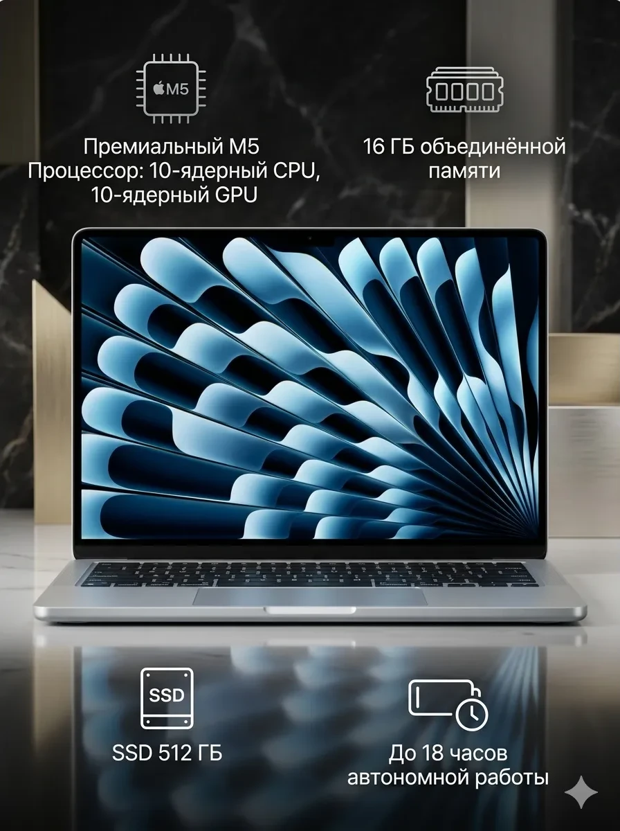 Ноутбук 15-inch MacBook Air: chip with 10-core CPU and 10-core GPU, Apple M5, 16 ГБ, 512 ГБ, 15.3"