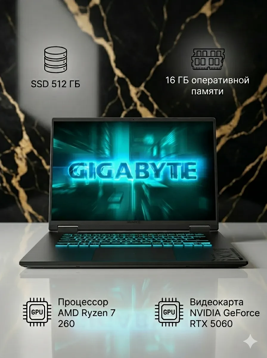 Ноутбук Gigabyte Gaming A FHD+ 165Hz Ryzen 7 260 RTX5060 DOS, AMD Ryzen 7 260, 16 ГБ, 512 ГБ, 16"