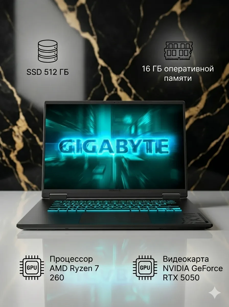 Ноутбук Gigabyte Gaming A FHD+ 165Hz Ryzen 7 260 1TB RTX5060 DOS, AMD Ryzen 7 260, 16 ГБ, 1024 ГБ, 16"