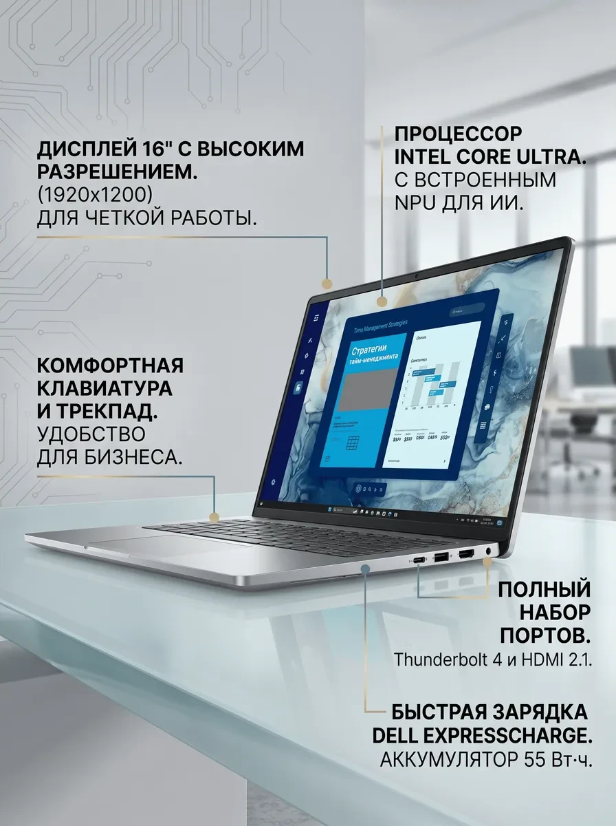 Ноутбук Dell Pro PC16250, Intel Core Ultra 5 235U, 16 ГБ, 512 ГБ, 16"