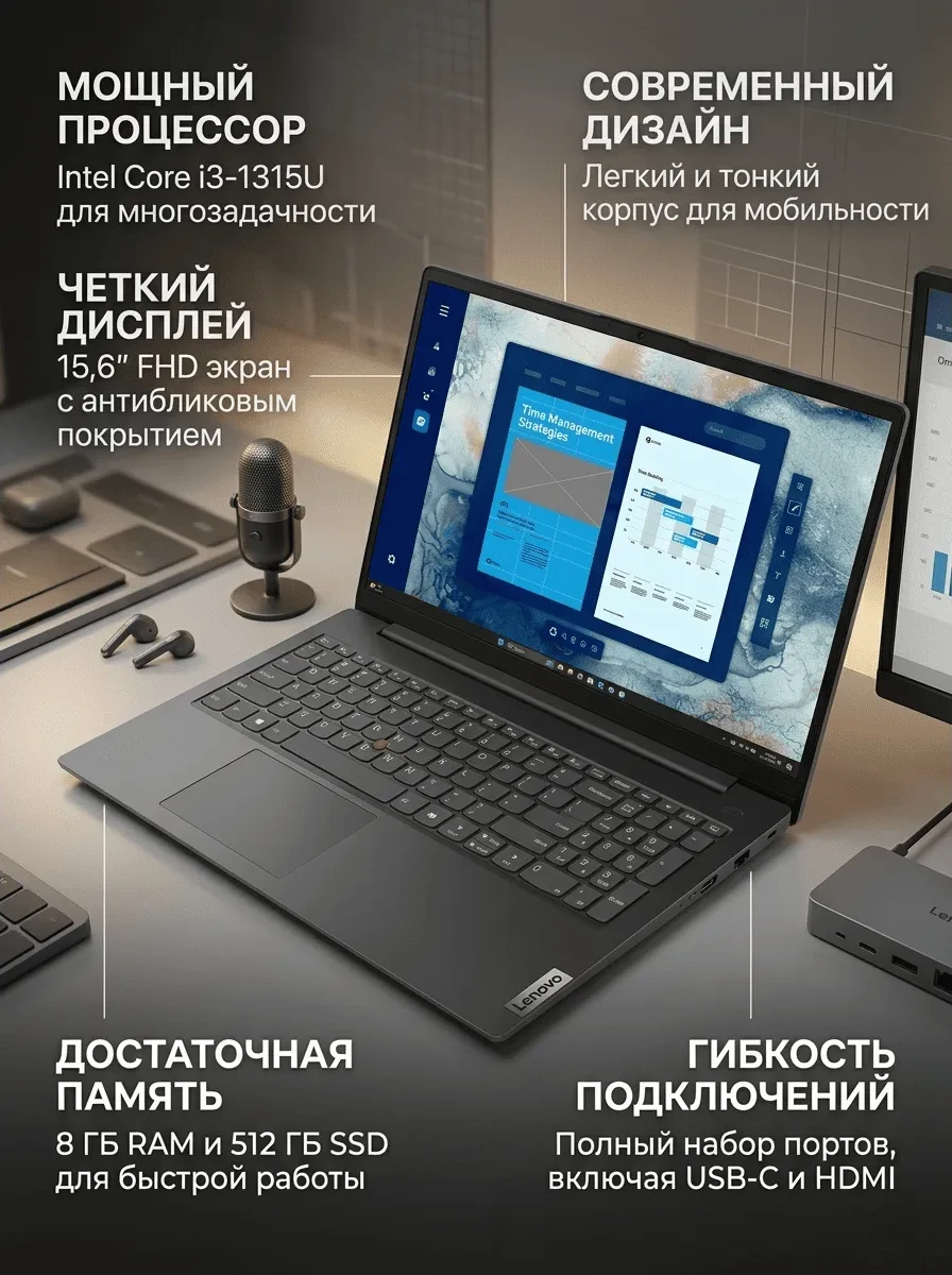 Ноутбук Lenovo V15 15, Intel Core i3-1315U, 8 ГБ, 512 ГБ, 15.6"