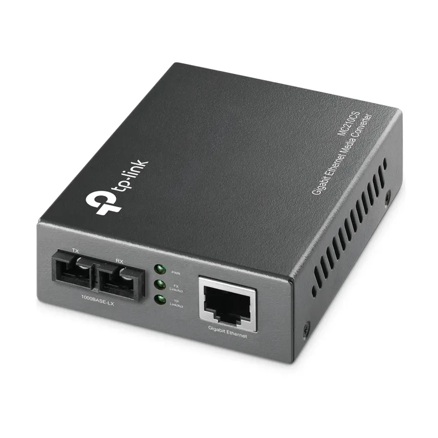 Медиаконвертер 10/100/1000 Мбит/с RJ45 - 1000 Мбит/с разъём SC (одномодовый оптоволоконный кабель), полнодуплексный, до 15км, переключающийся адаптер питания, возможность установки в шасси TL-MC1400