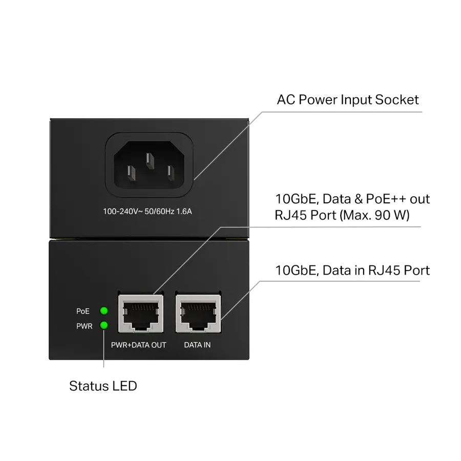 Omada Инжектор PoE+ 10 Гбит/с
Порты: 1 × порт 10 Гбит/с c PoE, 1 × порт 10 Гбит/с без PoE
Спецификация: совместимость с 802.3bt/at/af, PoE-питание 90 Вт, передача данных и питания по одному кабелю, металлический корпус — 4