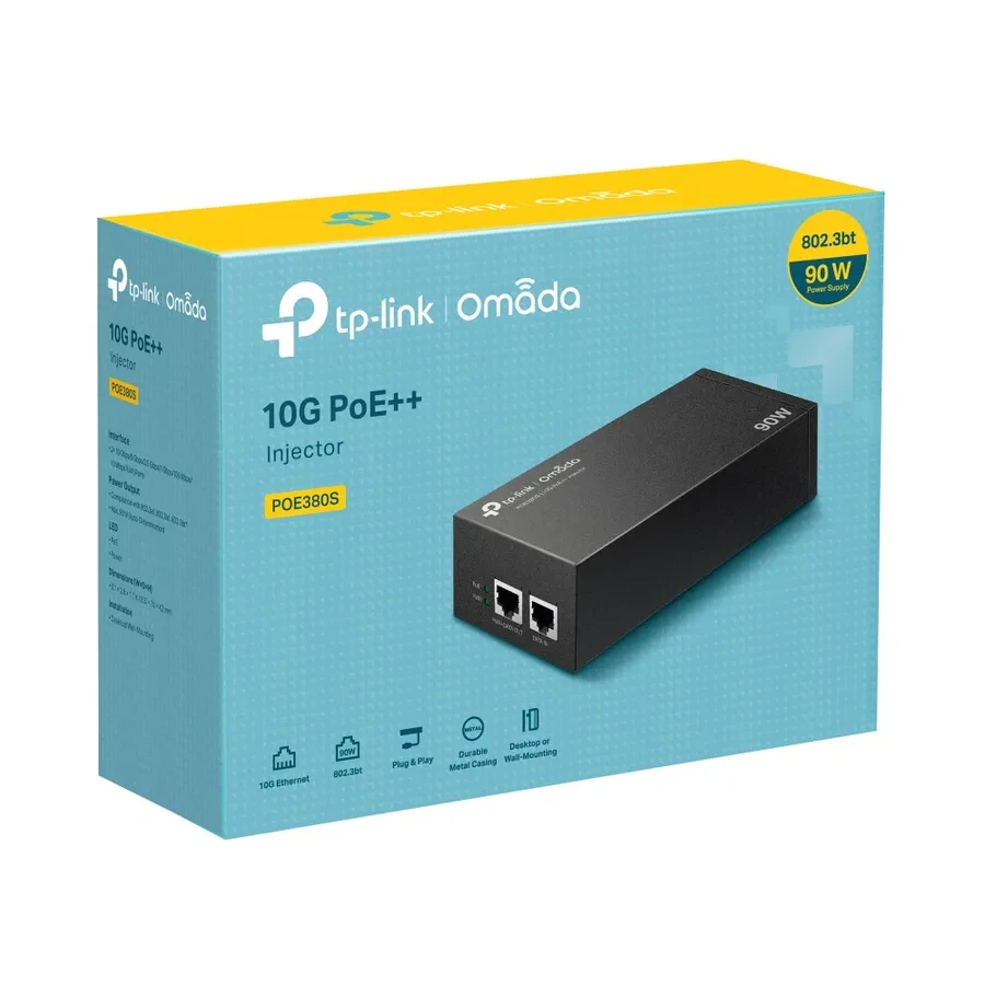 Omada Инжектор PoE+ 10 Гбит/с
Порты: 1 × порт 10 Гбит/с c PoE, 1 × порт 10 Гбит/с без PoE
Спецификация: совместимость с 802.3bt/at/af, PoE-питание 90 Вт, передача данных и питания по одному кабелю, металлический корпус — 5