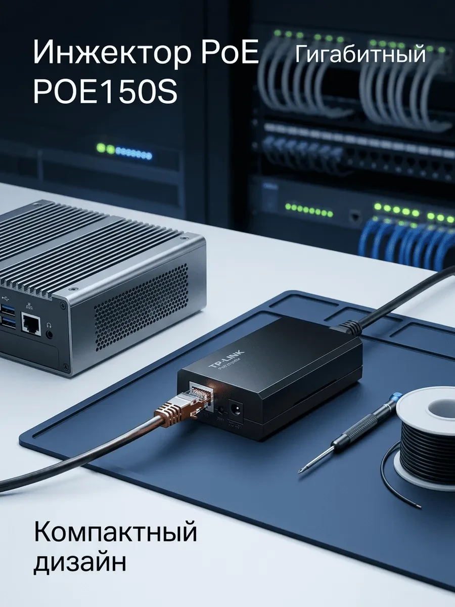 Omada Инжектор PoE. Порты: 1 × гигабитный порт PoE, 1 × гигабитный порт без PoE. Спецификация: совместимость с 802.3af, передача данных и питания по одному кабелю на расстояние до 100 метров, пластиковый корпус, компактный размер