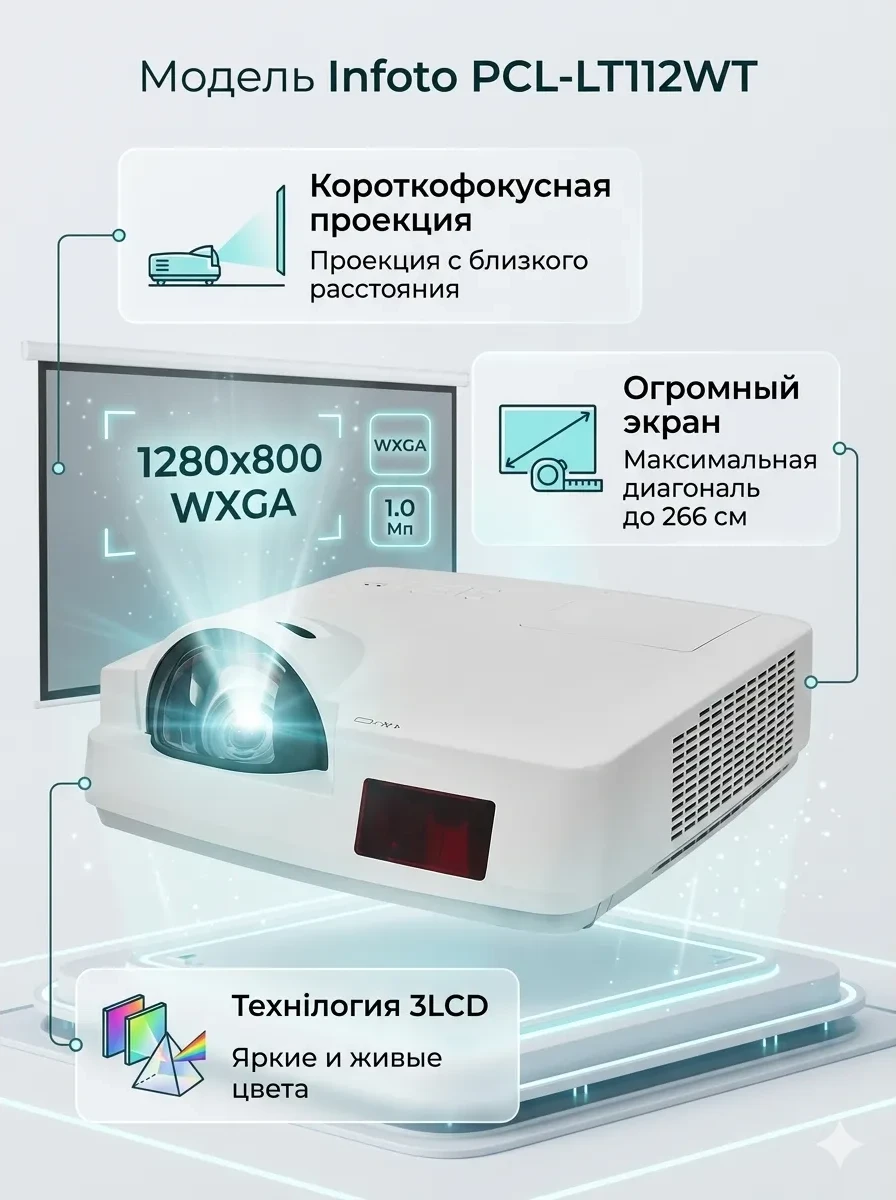 Проектор короткофокусный WXGA Infoto PCL-LT112WT <3LCD Projector, WXGA, 3600 ANSI Lumens, 15000:1>